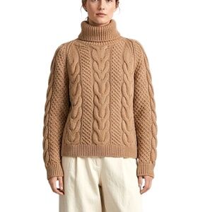 Chunky cable knit turtleneck tan wooly fisherman aran sweater